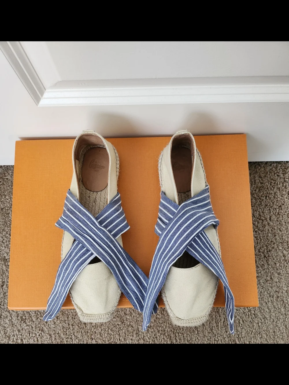 Cute Cream Canvas Espadrilles with Blue Striped Tie Strap